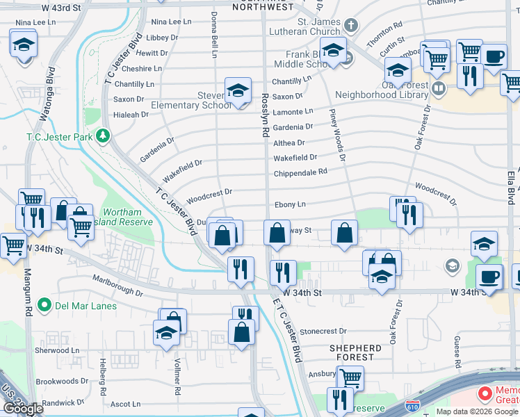 map of restaurants, bars, coffee shops, grocery stores, and more near 1807 Ebony Lane in Houston