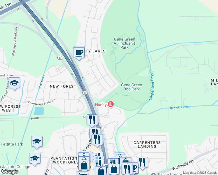 map of restaurants, bars, coffee shops, grocery stores, and more near 6507 Providence View Lane in Houston
