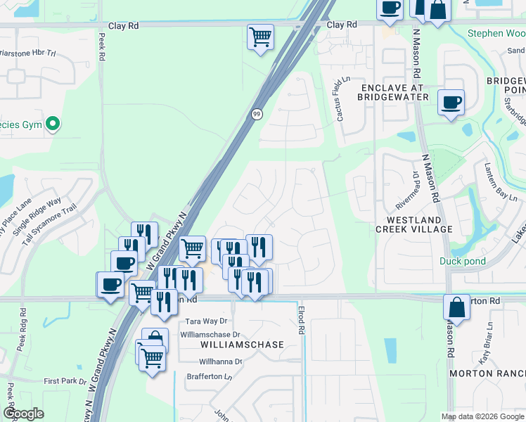 map of restaurants, bars, coffee shops, grocery stores, and more near 3307 Gibbons Crest Lane in Katy