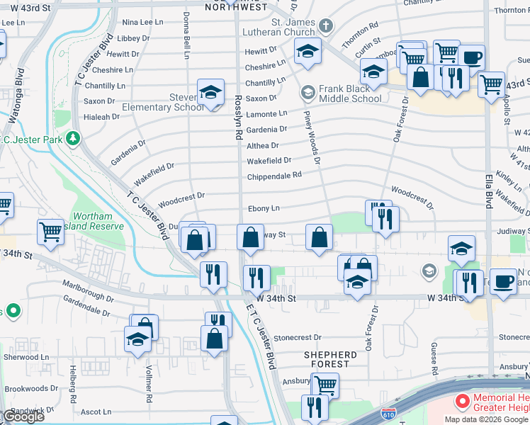 map of restaurants, bars, coffee shops, grocery stores, and more near 1733 Ebony Lane in Houston