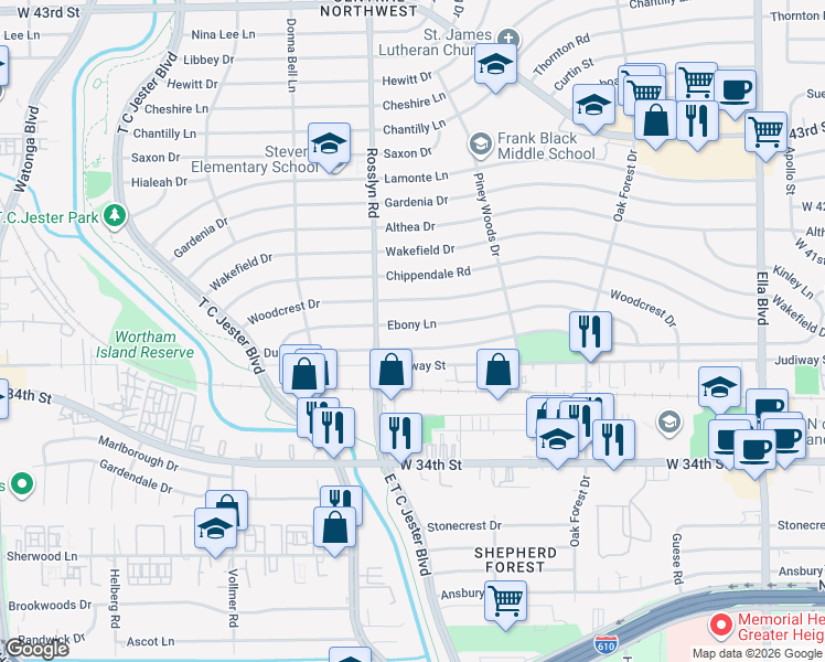 map of restaurants, bars, coffee shops, grocery stores, and more near 1733 Ebony Lane in Houston