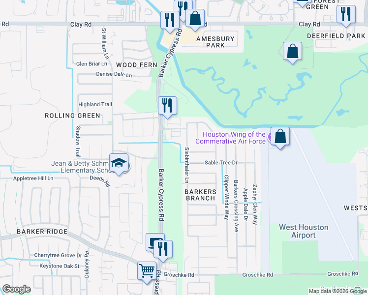 map of restaurants, bars, coffee shops, grocery stores, and more near 3635 Siebinthaler Lane in Houston