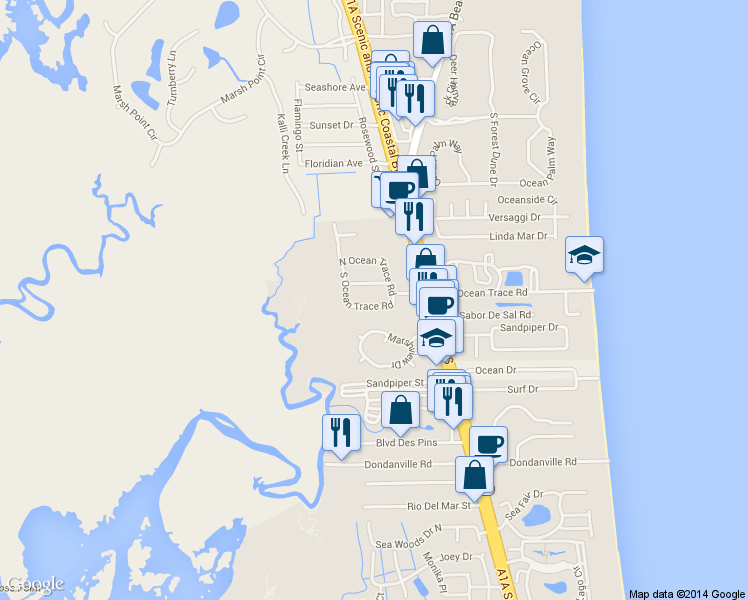 map of restaurants, bars, coffee shops, grocery stores, and more near 313 South Ocean Trace Road in St. Augustine