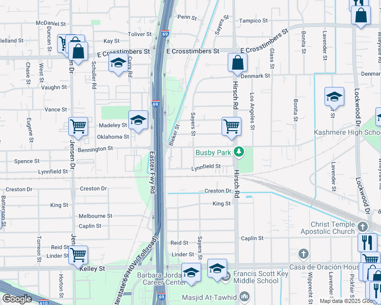 map of restaurants, bars, coffee shops, grocery stores, and more near 3846 Bennington Street in Houston