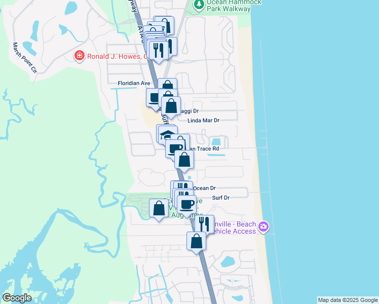 map of restaurants, bars, coffee shops, grocery stores, and more near 4 Ocean Trace Road in St. Augustine