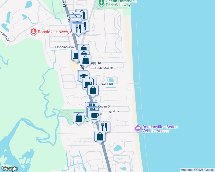 map of restaurants, bars, coffee shops, grocery stores, and more near 7 Sabor De Sal Road in St. Augustine