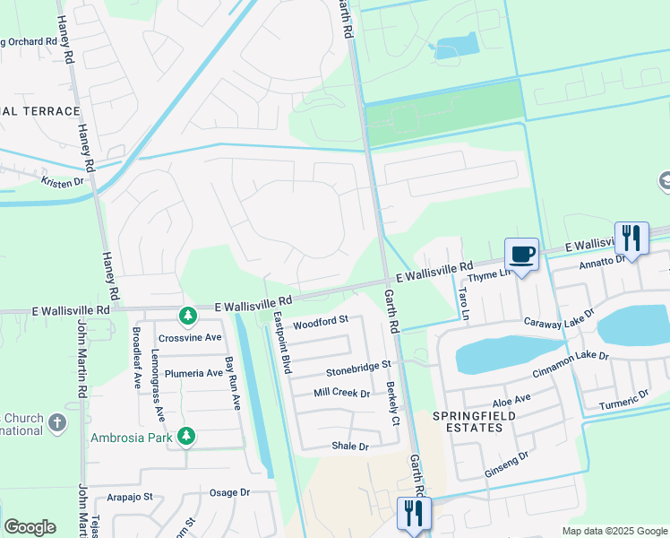 map of restaurants, bars, coffee shops, grocery stores, and more near 4911 Seaside Sparrow Ln in Baytown