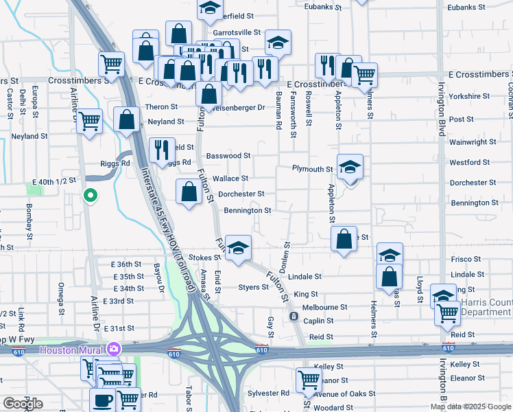 map of restaurants, bars, coffee shops, grocery stores, and more near 211 Bennington Street in Houston