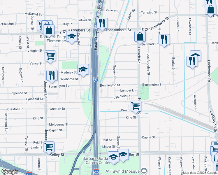 map of restaurants, bars, coffee shops, grocery stores, and more near 6801 Sayers Street in Houston