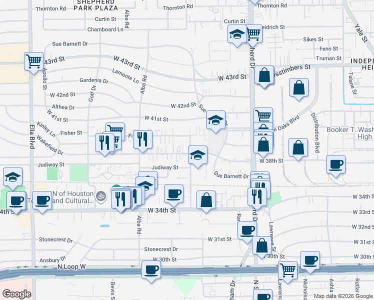 map of restaurants, bars, coffee shops, grocery stores, and more near 833 Wakefield Drive in Houston