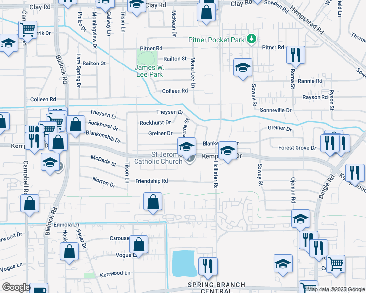 map of restaurants, bars, coffee shops, grocery stores, and more near 8876 Kempwood Drive in Houston