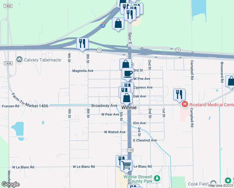 map of restaurants, bars, coffee shops, grocery stores, and more near 211 Oak Avenue in Winnie