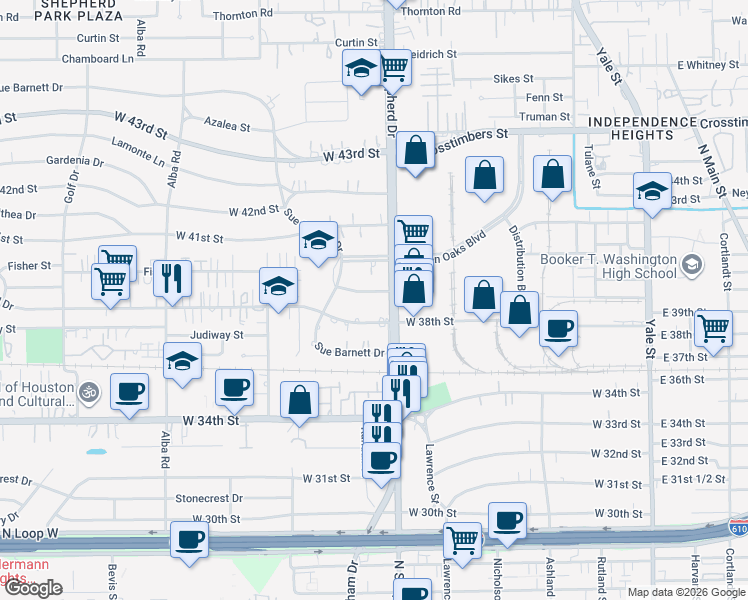 map of restaurants, bars, coffee shops, grocery stores, and more near 709 West 39th Street in Houston