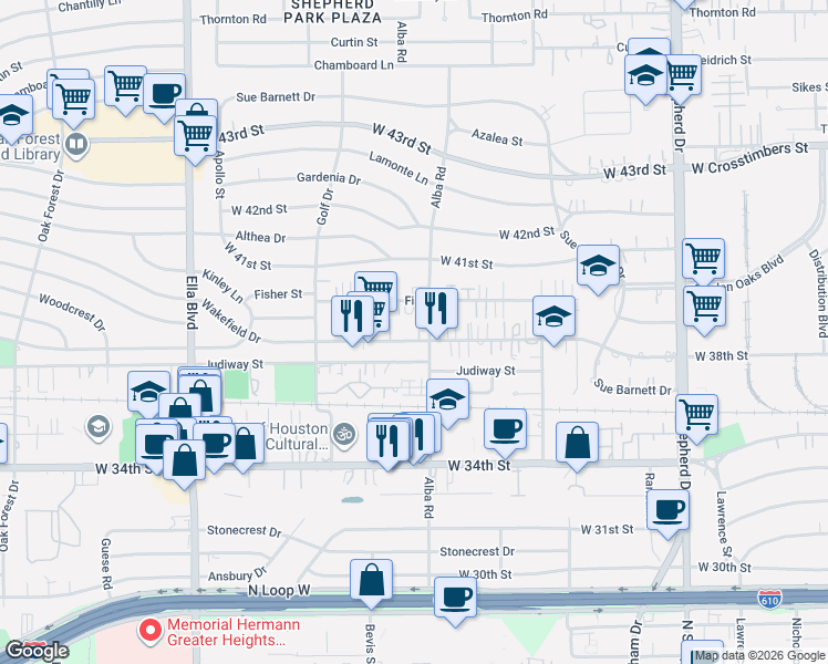 map of restaurants, bars, coffee shops, grocery stores, and more near 915 Wakefield Drive in Houston