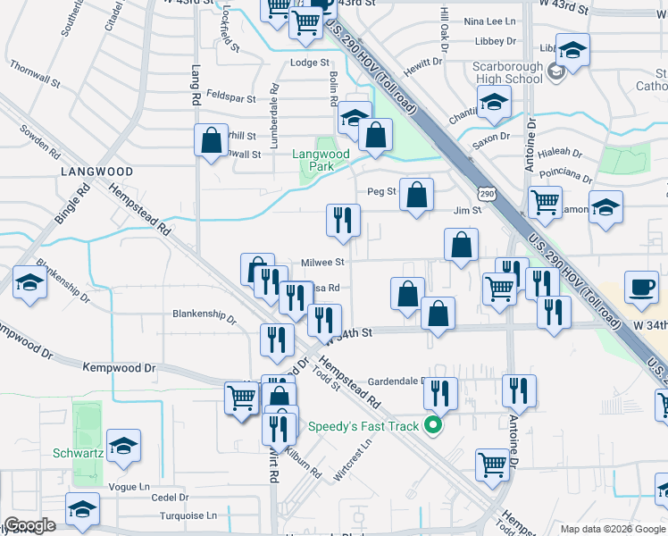 map of restaurants, bars, coffee shops, grocery stores, and more near 6318 Tulsa Road in Houston