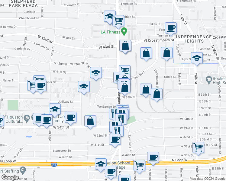 map of restaurants, bars, coffee shops, grocery stores, and more near 709 West 39th Street in Houston