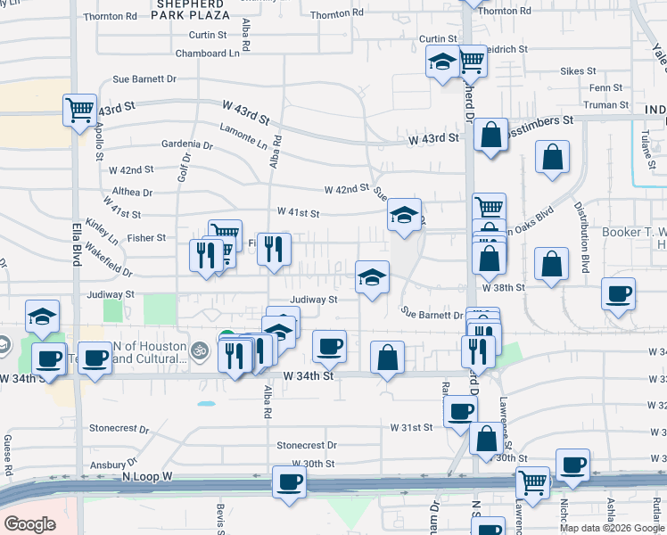 map of restaurants, bars, coffee shops, grocery stores, and more near 833 Wakefield Drive in Houston