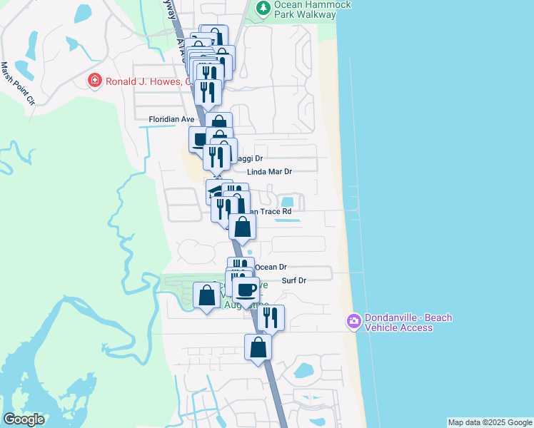 map of restaurants, bars, coffee shops, grocery stores, and more near 19 Sabor De Sal Road in St. Augustine