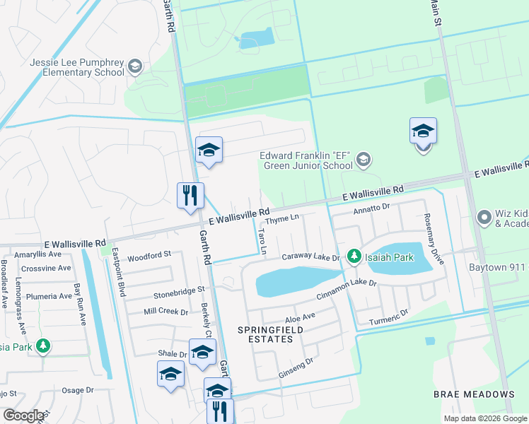map of restaurants, bars, coffee shops, grocery stores, and more near 8423 Taro Lane in Baytown