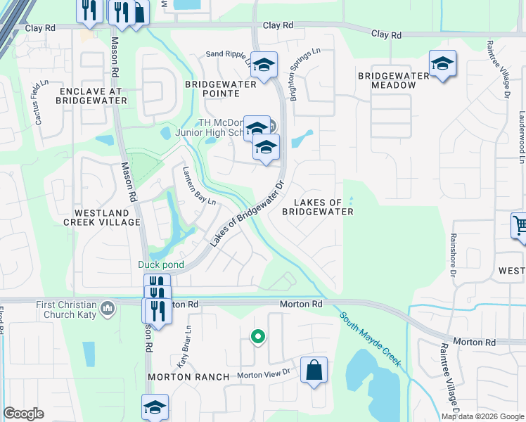 map of restaurants, bars, coffee shops, grocery stores, and more near 21339 Riverside Ridge Lane in Katy