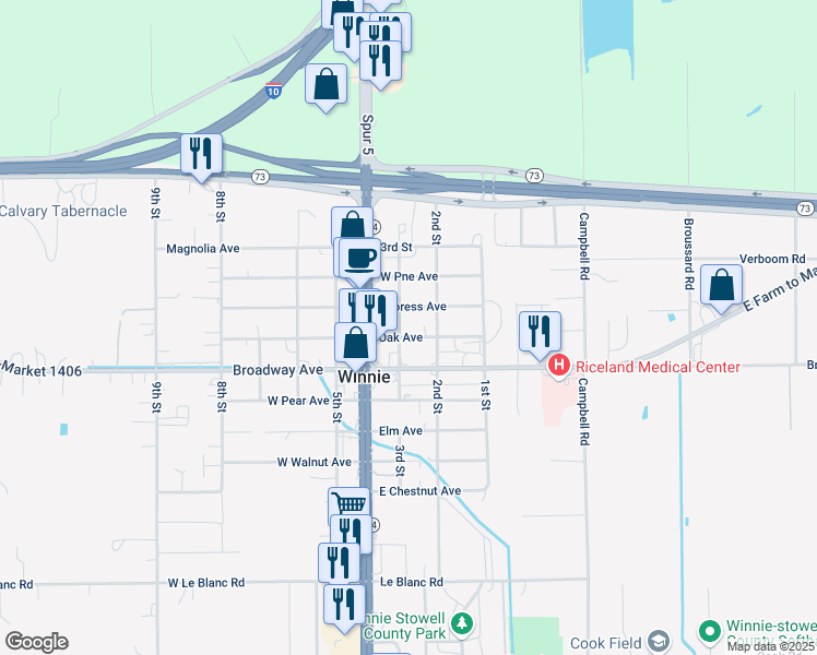 map of restaurants, bars, coffee shops, grocery stores, and more near 502 Oak Avenue in Winnie