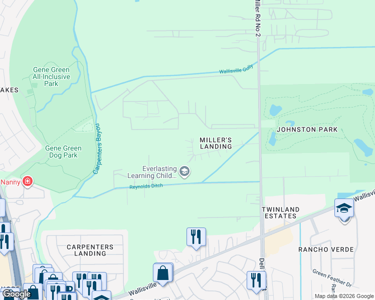 map of restaurants, bars, coffee shops, grocery stores, and more near 15926 Millers Landing Drive in Houston