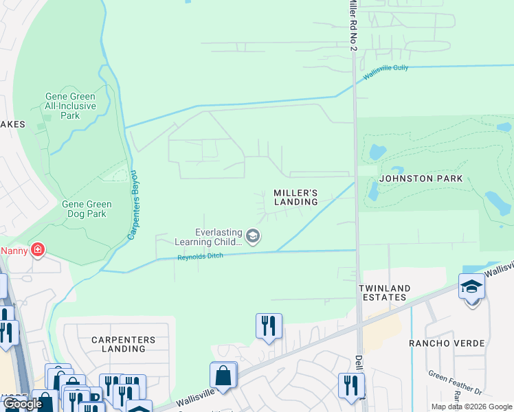 map of restaurants, bars, coffee shops, grocery stores, and more near 15934 Millers Landing Drive in Houston