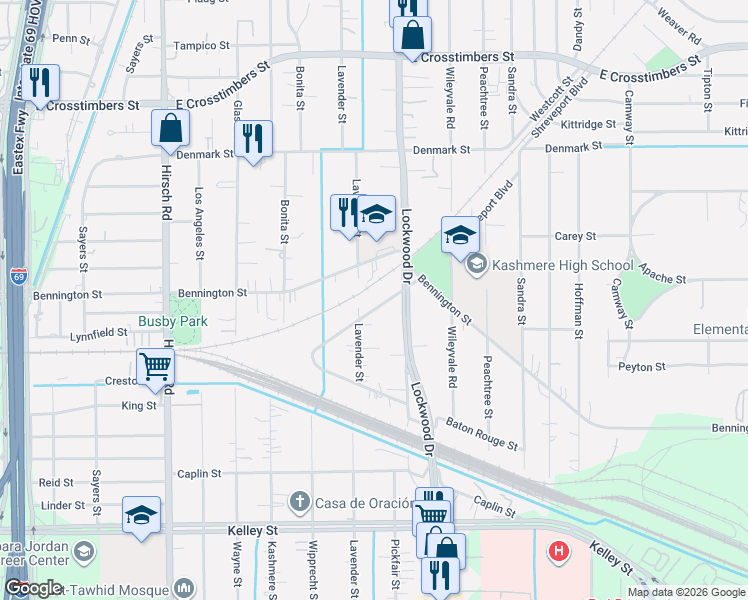 map of restaurants, bars, coffee shops, grocery stores, and more near 6809 Lavender Street in Houston