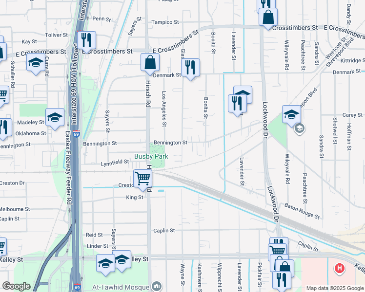 map of restaurants, bars, coffee shops, grocery stores, and more near 4318 Bennington Street in Houston
