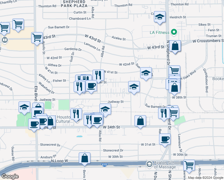 map of restaurants, bars, coffee shops, grocery stores, and more near 852 Wakefield Drive in Houston