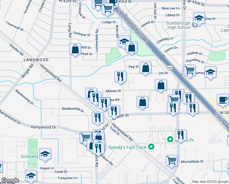 map of restaurants, bars, coffee shops, grocery stores, and more near 6318 Tulsa Road in Houston