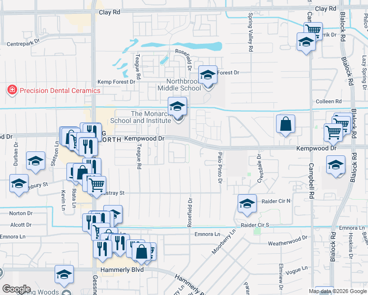 map of restaurants, bars, coffee shops, grocery stores, and more near 2714 Shadybrook Meadow Drive in Houston