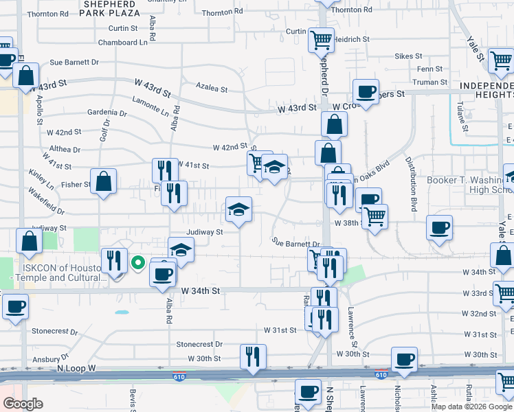 map of restaurants, bars, coffee shops, grocery stores, and more near 803 Wakefield Drive in Houston