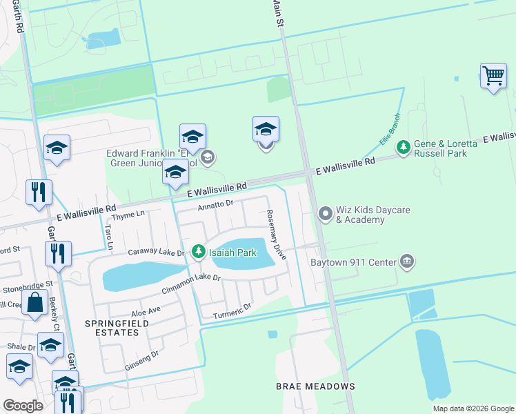 map of restaurants, bars, coffee shops, grocery stores, and more near 8314 Basil Drive in Baytown