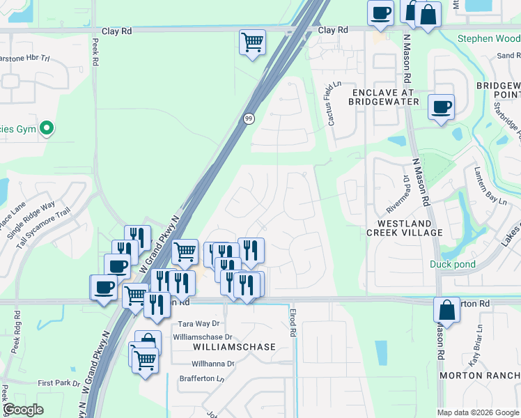 map of restaurants, bars, coffee shops, grocery stores, and more near 3307 Gibbons Crest Lane in Katy