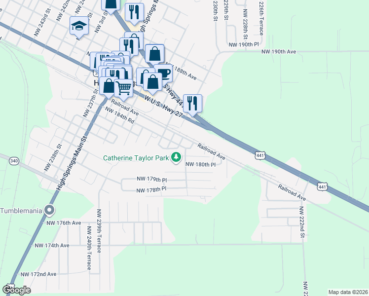 map of restaurants, bars, coffee shops, grocery stores, and more near 23043 Northwest 184th Place in High Springs