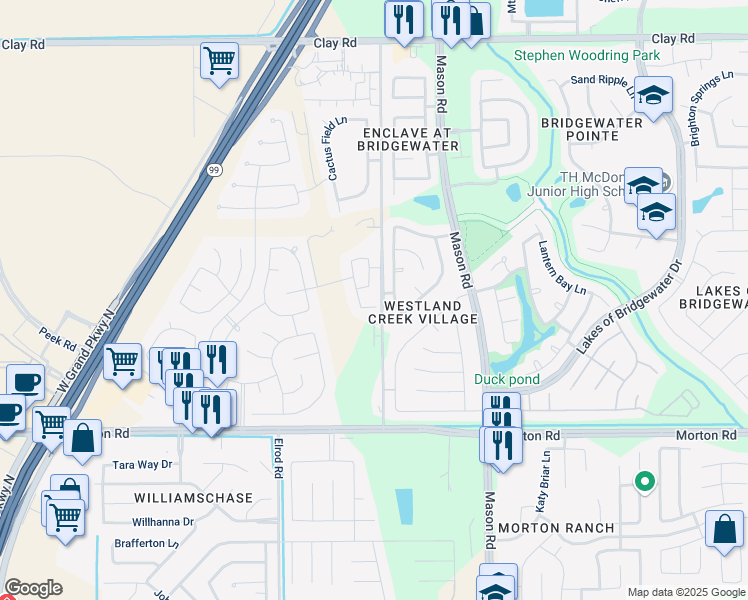 map of restaurants, bars, coffee shops, grocery stores, and more near 22207 Woodseem Court in Katy