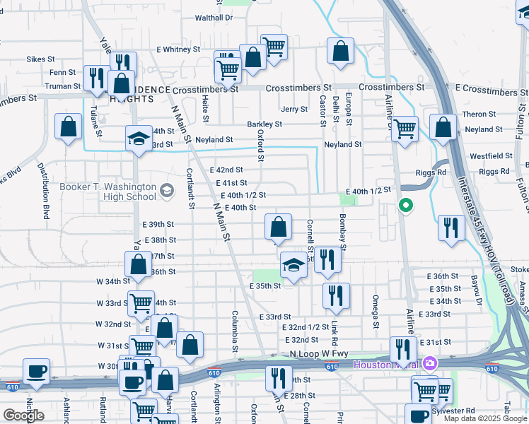 map of restaurants, bars, coffee shops, grocery stores, and more near 601 East 39th Street in Houston
