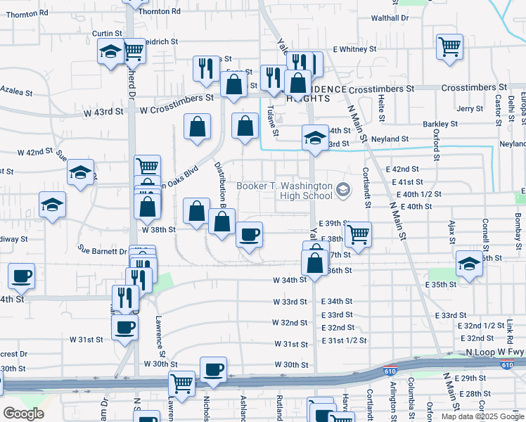 map of restaurants, bars, coffee shops, grocery stores, and more near 302 West 38th Street in Houston