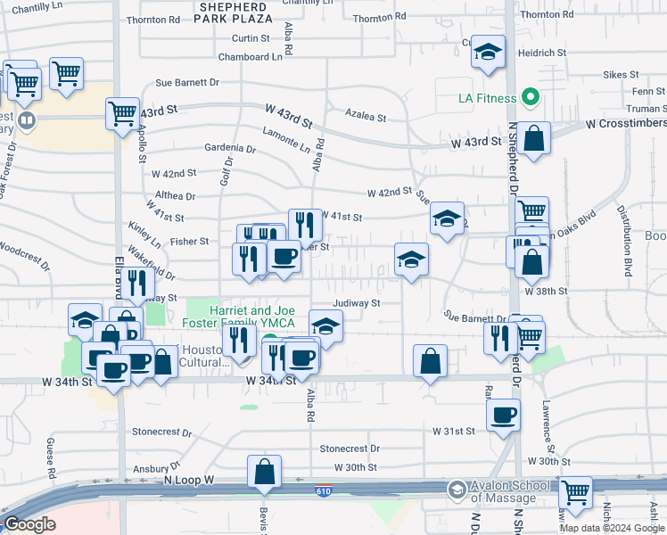 map of restaurants, bars, coffee shops, grocery stores, and more near 876a Wakefield Drive in Houston