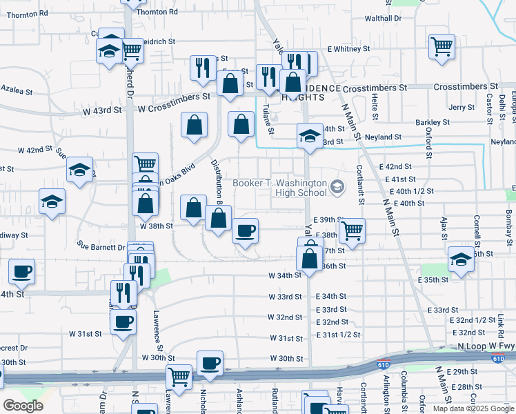 map of restaurants, bars, coffee shops, grocery stores, and more near 302 West 38th Street in Houston