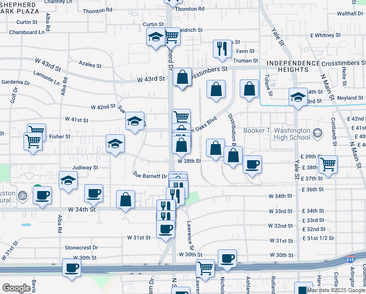 map of restaurants, bars, coffee shops, grocery stores, and more near 3808 North Shepherd Drive in Houston