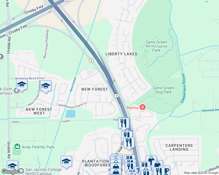 map of restaurants, bars, coffee shops, grocery stores, and more near Sam Houston Tollway in Houston