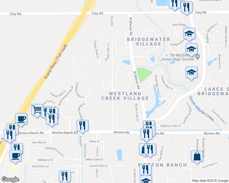 map of restaurants, bars, coffee shops, grocery stores, and more near 3315 Lakeland Gardens Drive in Katy