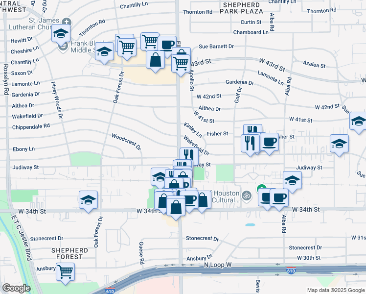 map of restaurants, bars, coffee shops, grocery stores, and more near 3724 Ella Boulevard in Houston