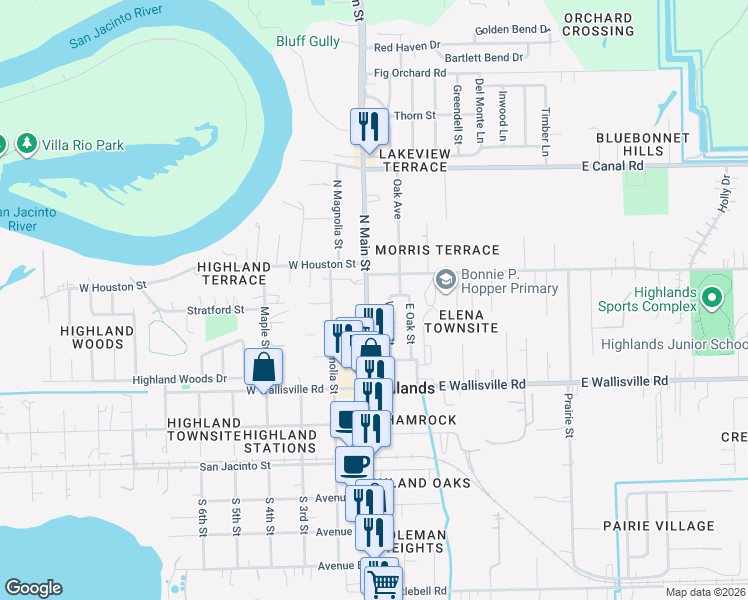 map of restaurants, bars, coffee shops, grocery stores, and more near 506 West Oak Street in Highlands