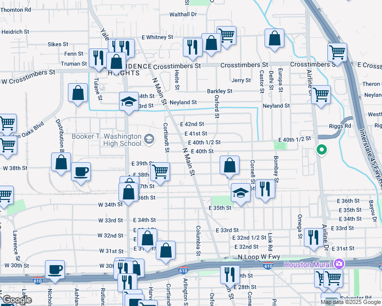 map of restaurants, bars, coffee shops, grocery stores, and more near 7902 North Main Street in Houston