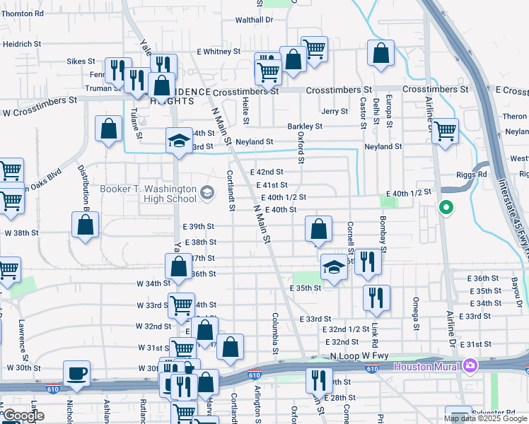 map of restaurants, bars, coffee shops, grocery stores, and more near 7902 North Main Street in Houston