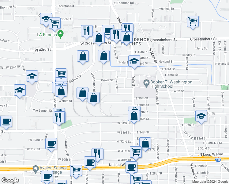 map of restaurants, bars, coffee shops, grocery stores, and more near 216 East 38th Street in Houston