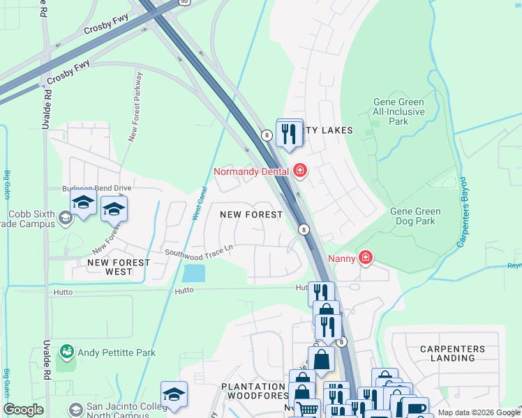 map of restaurants, bars, coffee shops, grocery stores, and more near 6726 Russelfield Lane in Houston